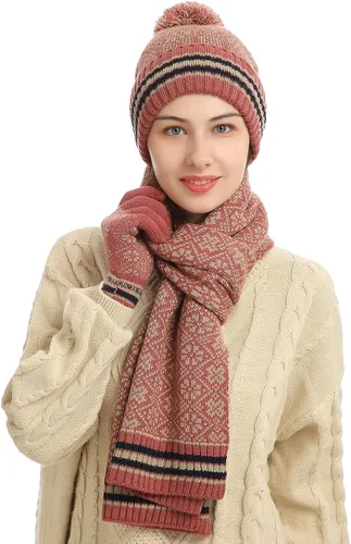 Vista 2 de ecodudo Juego de guantes con estampado de copo de nieve y bufanda para pantalla táctil con pompón para mujer