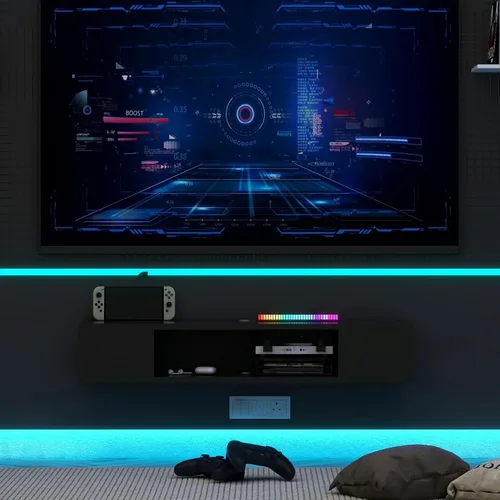 Vista 8 de GHC Soporte de TV flotante, centro de entretenimiento montado en la pared y estante de gabinete, consola de TV con almacenamiento, consola