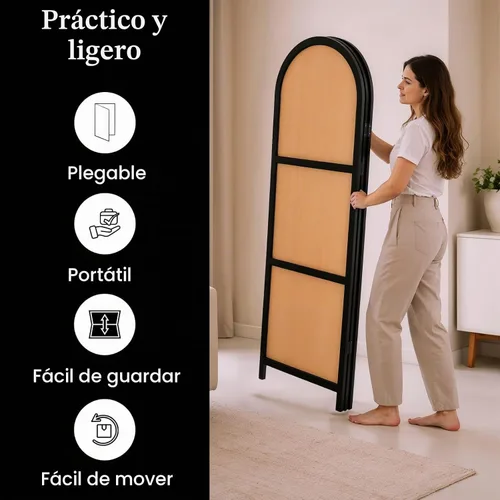 Vista 4 de ELK & ELDER Divisor de habitación de 3 paneles Pantalla de privacidad plegable con marcos de madera oscura arqueada y paneles tejidos claros