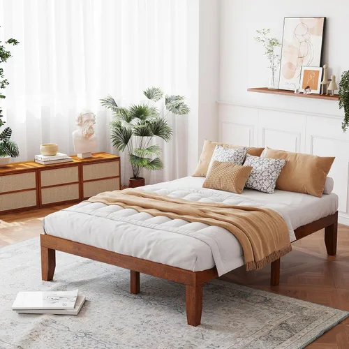 Vista 20 de Giantex Marco de Cama de Plataforma de Madera Individual de 14 Pulgadas, Base de Colchón Minimalista con Madera de Caucho Sólida, Soporte