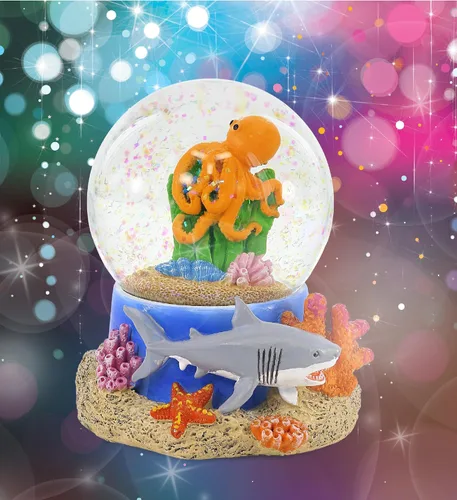 Vista 5 de CoTa Global Decoración de globo de nieve coral de pulpo, elegante figura de globo de nieve rosa con purpurina en el interior de la figura de globo