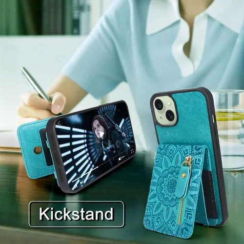 Vista 3 de Funda compatible con iPhone 15 Plus con ranuras elásticas para tarjetas, bolsillo con cremallera, soporte magnético a presión para iPhone 15 Plus 14