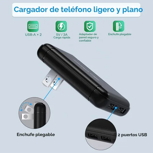 Vista 3 de Cargador de Pared USB Dual Plano, OKRAY Bloque de Carga Rápida 5v/3a con Enchufe Plegable, Adaptador de Cargador de Teléfono Extra-Delgado de 2 Negro