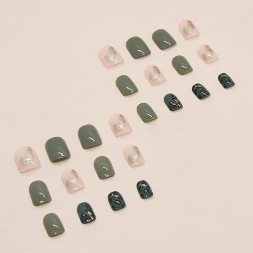 Vista 4 de Uñas postizas a presión verdes, uñas postizas cortas con diseño de leopardo, cuadradas, brillantes, con purpurina, uñas postizas acrílicas