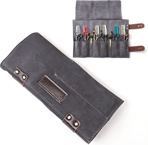 Vista 9 de Bolsa de tijeras de salón enrollable, 12 bolsillos de cuero genuino para estilista, soporte para tijeras de peluquería para peluquería Hj-ZP011-negro