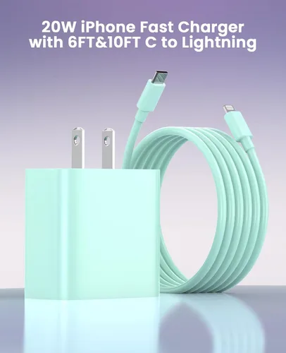 Vista 5 de FEEL2NICE Cargador de iPhone de carga rápida, paquete de 2 bloques de carga de pared tipo C con 2 unidades [6 pies y 10 pies] USB C a Lightning Verde