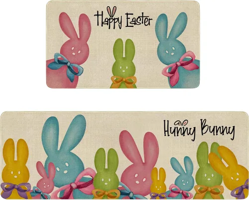 Vista 8 de Juego de 2 alfombras de cocina de Pascua, decoración de cocina de Pascua, huevos coloridos para piso, tapete de 17 x 30 pulgadas + alfombra