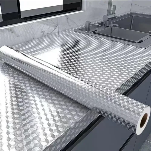 Vista 5 de Papel tapiz de aluminio impermeable y resistente al aceite para despegar y pegar, protector contra salpicaduras autoadhesivo dorado para encimeras