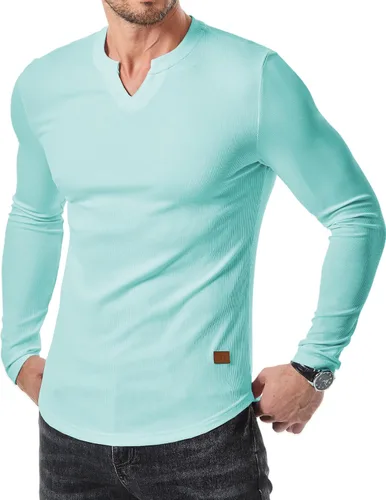 Vista 33 de JMIERR Camisetas de manga larga para hombre, estilo casual, cuello en V Negro+Blanco