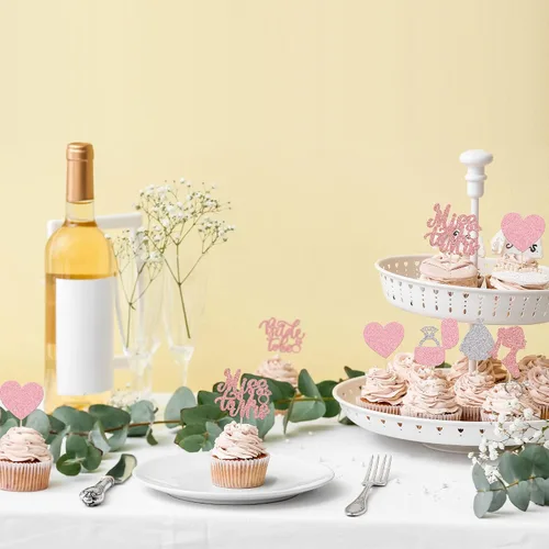Vista 4 de 24 adornos para cupcakes con purpurina para novia, vestido de novia, cupcake picks Heart Miss to Mrs Cake Decor para despedidas de soltera, bodas