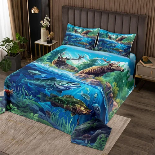 Vista 3 de Juego de sábanas bajeras de alce salvaje, tamaño individual, juego de ropa de cama rústica de pino de pesca con peces de Basa, decoración
