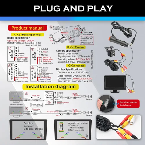 Vista 6 de Cámara de respaldo de 12 LED con monitor de 4.6 x 3.5 pulgadas, HD 150° gran angular para automóvil, con función de visión nocturna, cámaras