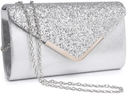 Vista 15 de Dasein Bolsos de noche para mujer, bolsos de mano formales para bodas, fiestas, bailes, bolsos con correa para el hombro y solapa con purpurina