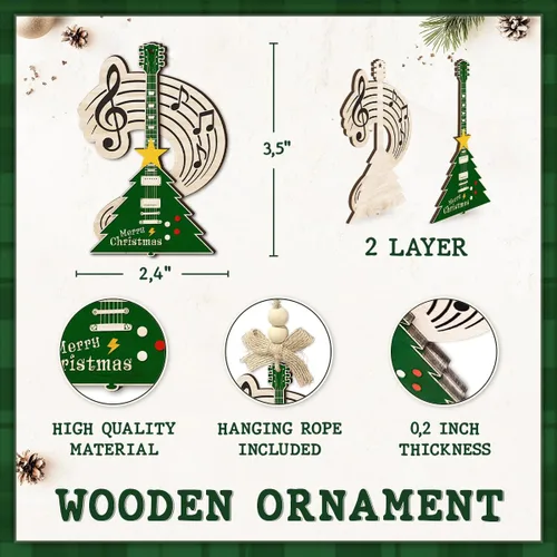 Vista 2 de Adorno navideño de guitarra eléctrica para árbol, adorno musical de madera de 2 capas con notas y clave de agudos, regalo único para músico