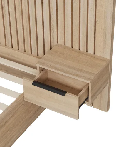 Vista 12 de KISLOT Marco de cama de madera estriada con mesitas de noche integradas Natural