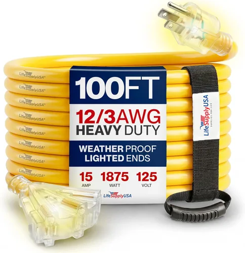 Vista 11 de Cable de extensión de 3 pies para exteriores/interiores, 3 tomas, calibre 12/3, extra resistente, 3 clavijas SJTW, impermeable, flexible, resistente