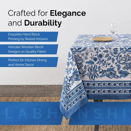 Vista 5 de Labhanshi Indian Hand Block Print Round 72 Inch 6-Seater and Rectangle 72x108 Inches 8 Seater Table Cloth for Kitchen Dining Table Cotton Floral