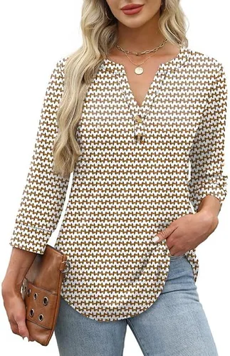 Vista 2 de OFEEFAN - Camisetas de manga 3/4 estilo Henley para mujer, blusas de moda de otoño 2025, atuendos escolares para maestras Raya