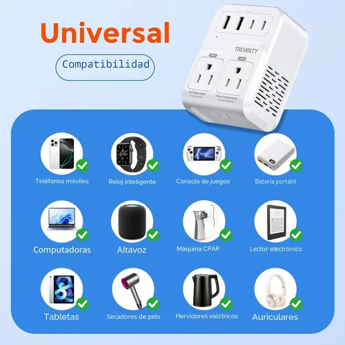 Vista 5 de Convertidor de voltaje de 2000 W de EE. UU. a Europa para secadores de pelo, convertidor de 220 V a 110 V para viajes europeos con 3 puertos AC/2