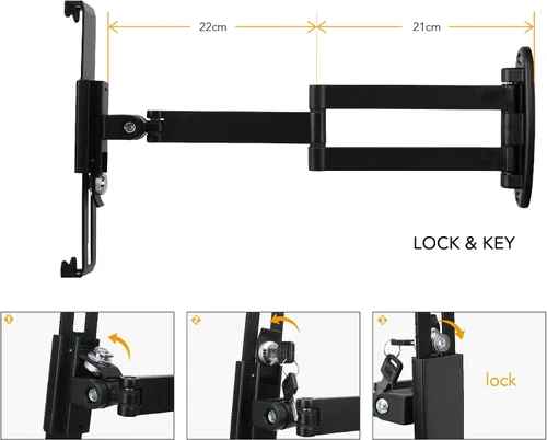 Vista 3 de Soporte de pared para tableta, brazo giratorio ajustable, cerradura de seguridad antirrobo y llave, plegable, rotación 360°, negro
