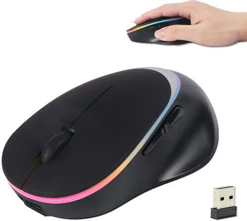 Vista 10 de Ratón ergonómico inalámbrico Bluetooth con luz LED RGB, ratones de computadora portátiles silenciosos recargables de modo dual con receptor USB