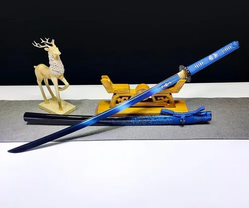Vista 4 de Colección artesanal, espada katana hecha a mano, hoja y funda azules, azul horneado de acero 1095, espada samurai japonesa, espiga completa
