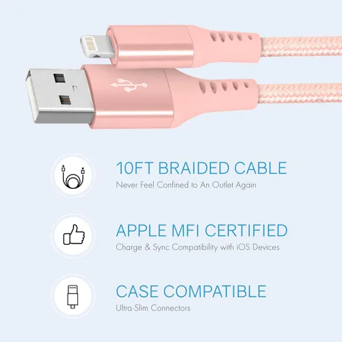 Vista 6 de Realm Lightning trenzado de nailon a USB A - Cargador de iPhone de Apple certificado por Mfi, 10 pies, oro rosa