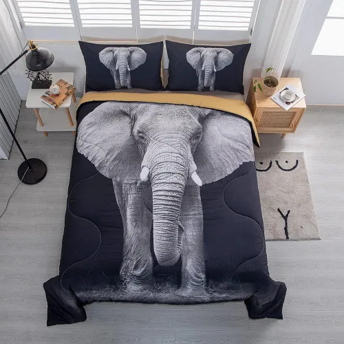 Vista 6 de MUSOLEI Juego de edredón 3D de elefante Juego de edredón de elefante negro Juego de ropa de cama Queen Juego de edredón de diseño personalizado