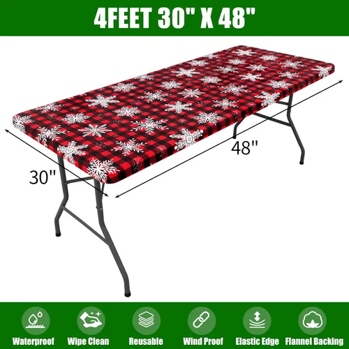 Vista 7 de Smiry Mantel de Navidad de plástico, a cuadros, impermeable, elástico, ajustable, mantel de vinilo con parte trasera de franela lavable para cena