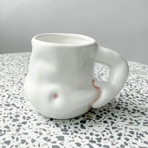 Vista 3 de Taza de cerámica hecha a mano para el vientre grueso Taza de café con mango de brazo Taza grasa Taza de café Potbelly Regalo del día