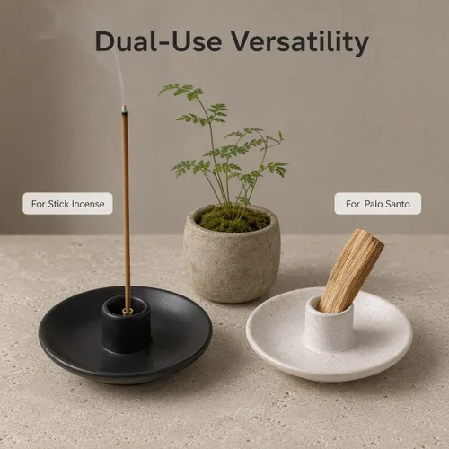 Vista 3 de Soporte de 2 palitos de Palo Santo de cerámica - Quemador de incienso Includes 2 ceramic dishes and 2 brass inserts for Palo Santo sticks and