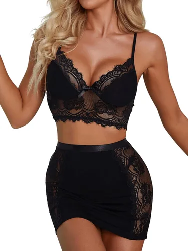 Vista 5 de SweatyRocks Conjunto de lencería de 3 piezas para mujer con falda conjunto de bralette y bragas de encaje floral