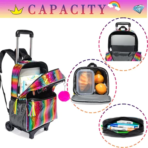 Vista 6 de Mochila con ruedas para niñas, mochila escolar con ruedas, bolsa escolar con bolsa de almuerzo y bolsa para lápices, mochila con ruedas para niños