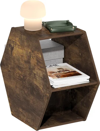 Vista 8 de Furinno - Mesa de café de diseño simple, mesa de café moderna hexagonal con estante abierto, mesa auxiliar vertical u horizontal, para sala de Pino