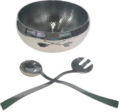Vista 5 de Ensaladera martillada de 3 piezas con 2 utensilios para servir – Completo con cuchara y tenedor de gran tamaño a juego – Úselo como ensaladera