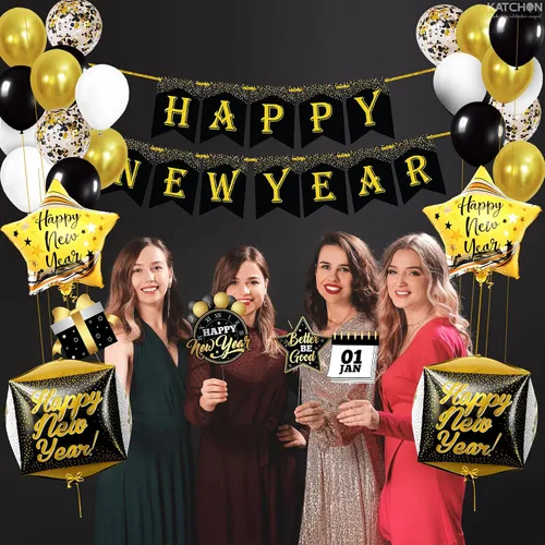 Vista 7 de Feliz Año Nuevo 2026/5 Juego de globos dorados con estrella