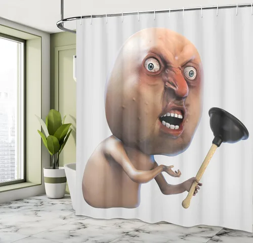 Vista 4 de Ambesonne Cortina de ducha humor, Why You No Plunger Guy Meme Face Angry Grumpy Washroom Design Print, juego de decoración de baño de tela