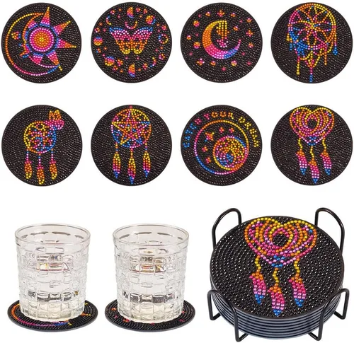 Vista 18 de FASHEWELRY 8 posavasos de arte de diamante con soporte para abejas, kit de posavasos de pintura de diamantes para bebidas, kits de arte de diamantes