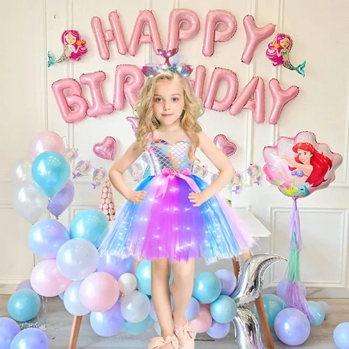Vista 7 de Girls Mermaid Tutu Dress for Birthday Party LED Light Up Halloween Mermaid Outfit Dress Up Dress with Headband