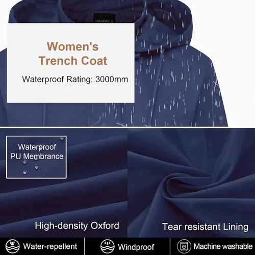 Vista 4 de CREATMO US Gabardina larga cortavientos para mujer, talla grande, resistente al agua, con capucha reflectante extraíble