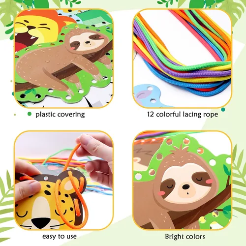 Vista 7 de Paquete de 12 tarjetas de encaje de animales de la selva, kits de costura para niños, león, animales salvajes, cartón, tarjetas de costura de doble