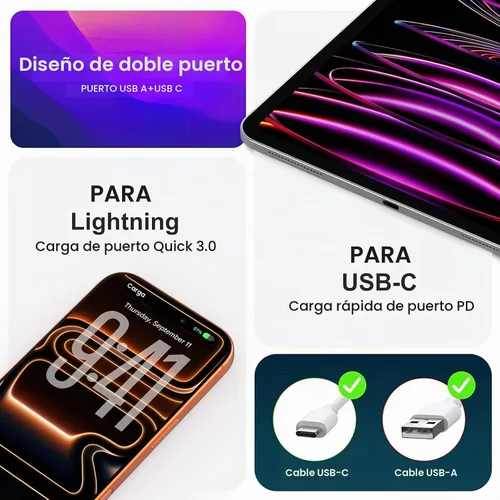 Vista 4 de Paquete de 3 cargadores tipo C, enchufe de pared USB C de doble puerto de 20 W PD y QC USB A bloque de carga rápida para Samsung Galaxy S24