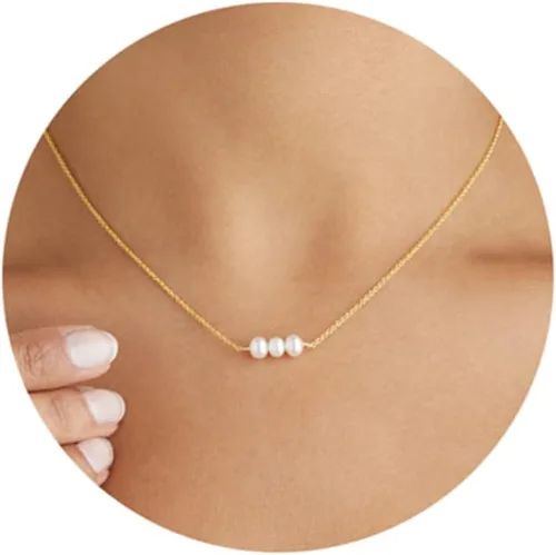 Vista 9 de Tewiky Collares de perlas para mujer, delicado collar de oro chapado en oro de 14 quilates, collar de perlas simples, collares de gargantilla