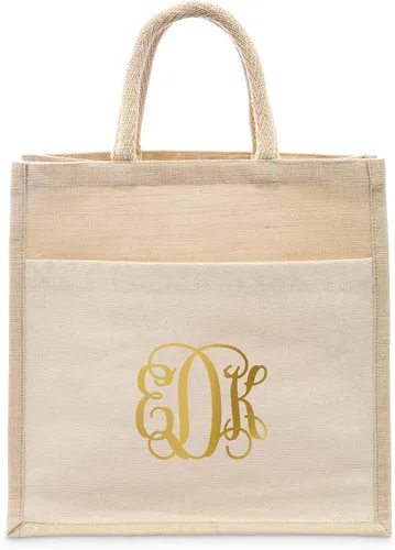 Vista 10 de WEDDINGSTAR Bolso de asas tejido medio personalizado de yute con bolsillo