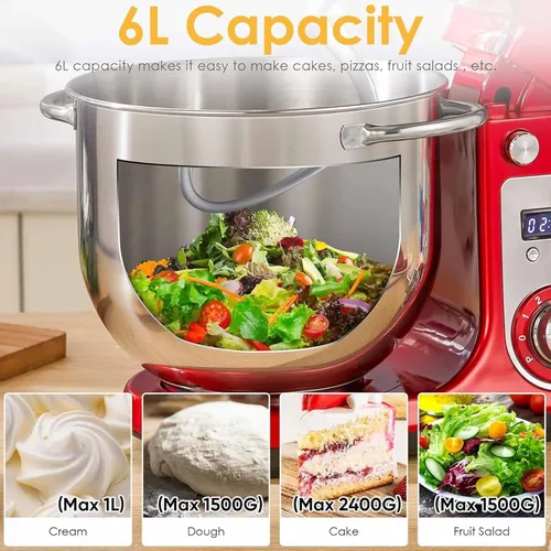 Vista 2 de Batidora de pie con cabezal inclinable de 6 L, batidora de pie de cocina con batidor, gancho para masa y batidor de alambre, ajustable de 6 Gris
