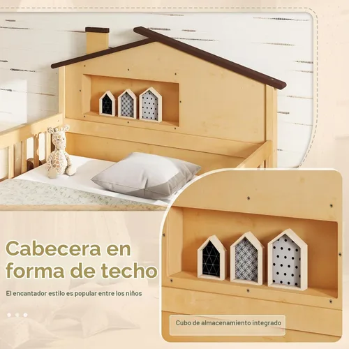 Vista 5 de KOMFOTT Base de cama individual con rieles y cabecera en forma de casa, plataforma de madera maciza con barandillas de seguridad, cubo de Natural