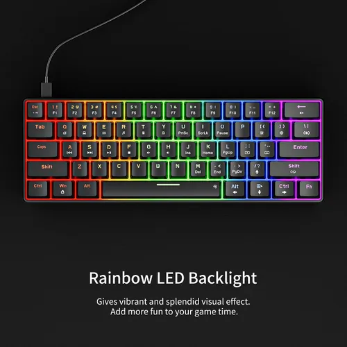 Vista 2 de Newmen GM611 - Teclado mecánico con retroiluminación LED arco iris, para juegos, con cable, compacto, mini 61 teclas, portátil, 60 % teclado