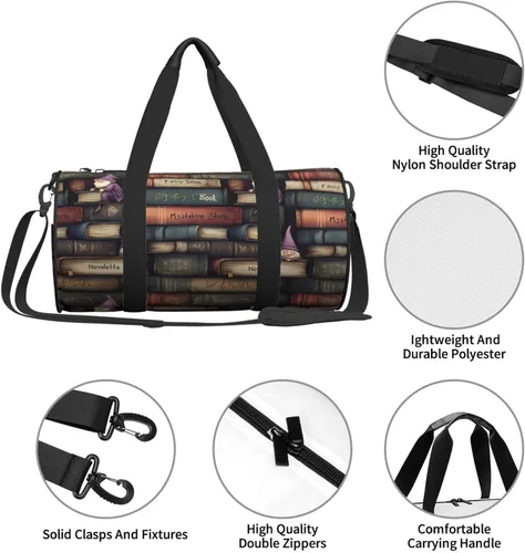 Vista 4 de Large Duffle Bag for Travel - Retro Books 1 Print Gym Bag for Women Men, Travel Foldable Bags for Women Men with Zippered Multiple Pockets