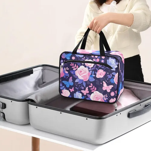 Vista 8 de Purple Peach Elegant Blooms bolsas de aseo de viaje colgantes para mujeres con gancho, bolso esencial de diseñador para el cuidado de la piel
