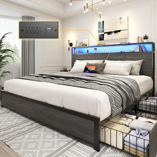 Vista 9 de Lifezone Base de cama Queen con cabecera de almacenamiento de 2 niveles, base de cama de plataforma de metal con 4 cajones de almacenamiento, gris